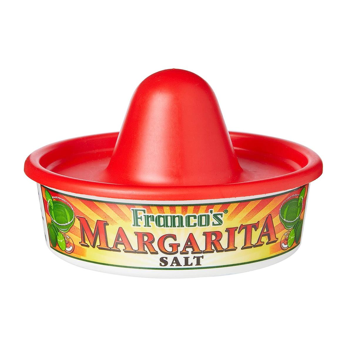 Margaritasalt i rött plastbehållare med limeillustrationer