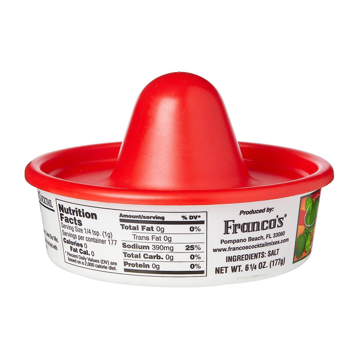 Röd margaritasaltbehållare med konformad topp och näringsfakta på sidan