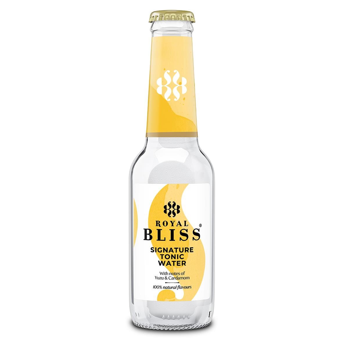 Royal Bliss Yuzu tonic water i 20cl-flaska med gul och vit etikett