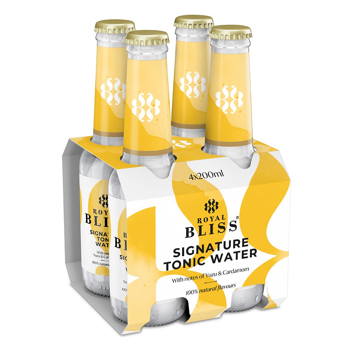 Fyra flaskor Royal Bliss Tonic Water Yuzu 20cl i en förpackning