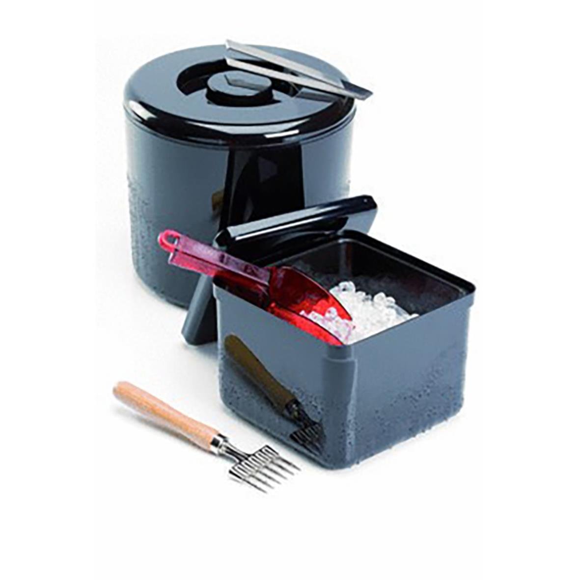 Svart islåda med lock, sked och liten kam för is