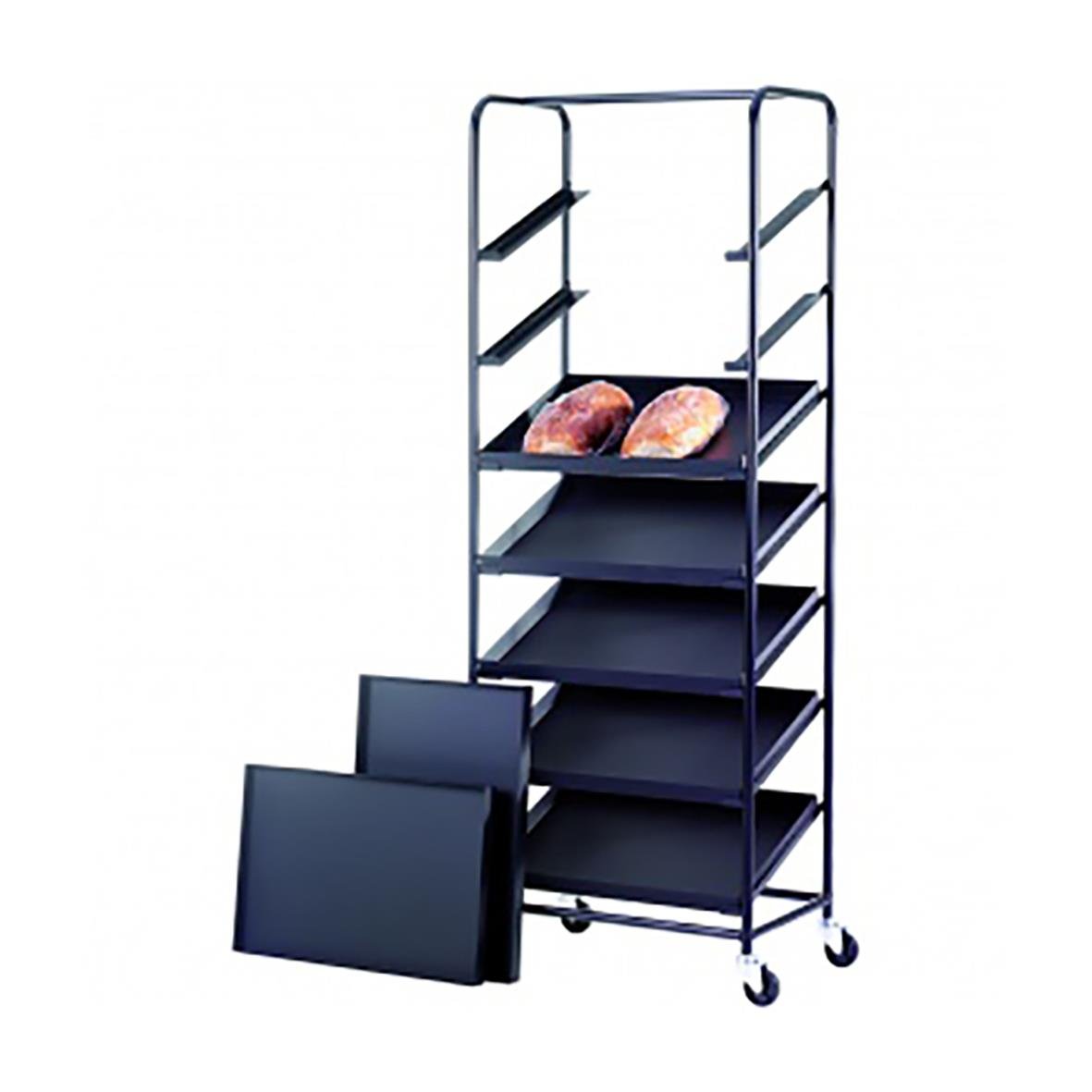 Exponeringsvagn med 7 hyllplan i svart, med två löstagbara sidoplattor