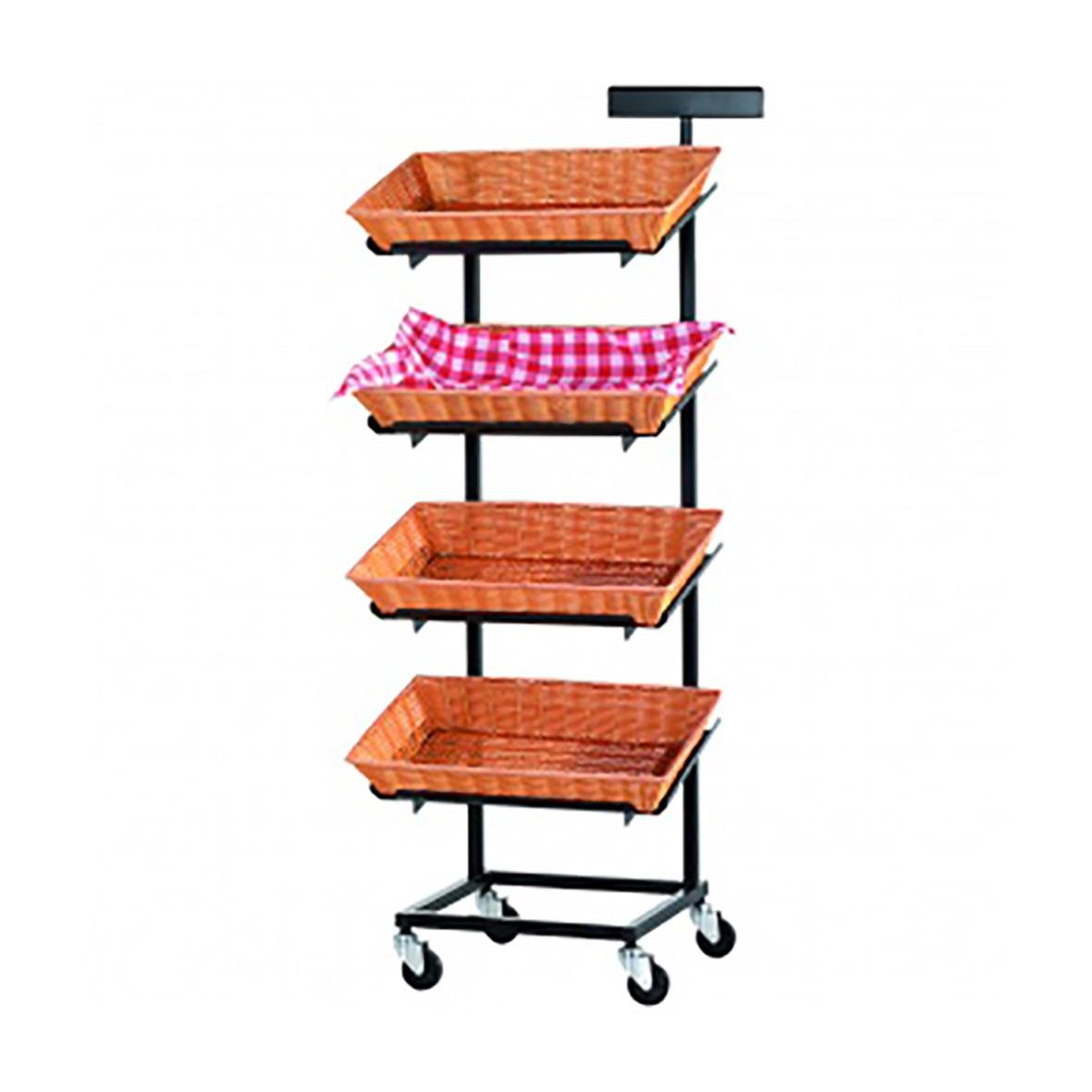 Exponeringsvagn med fyra hyllplan i svart, hjul för enkel flytt