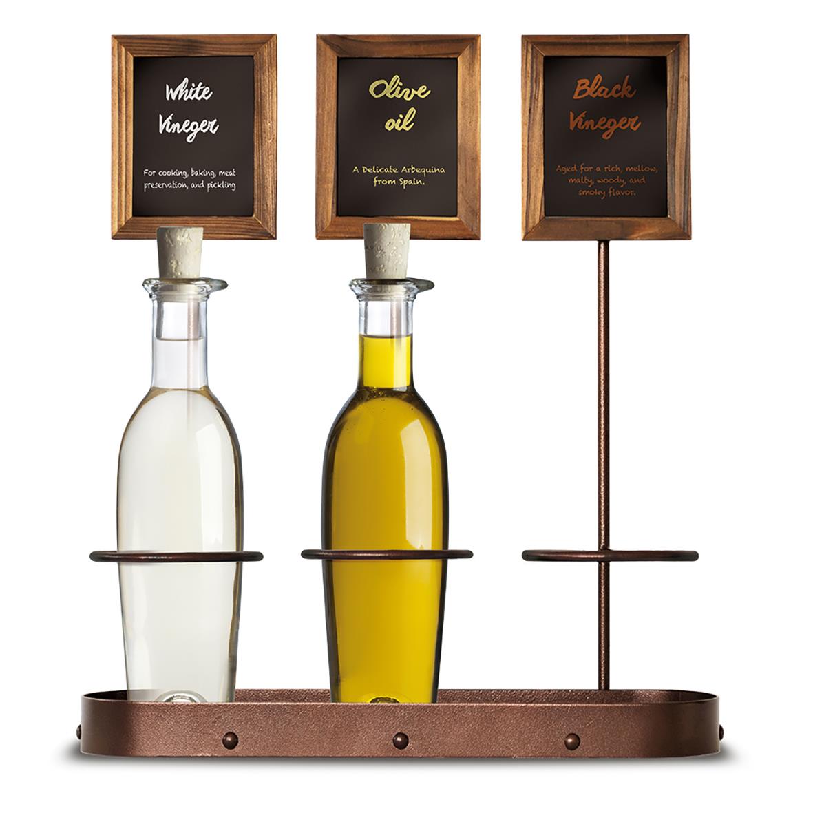 Säkerhetsdisplay med griffeltavla för 3 flaskor, 45x11cm, visar olivolja, vit vinäger och svart vinäger