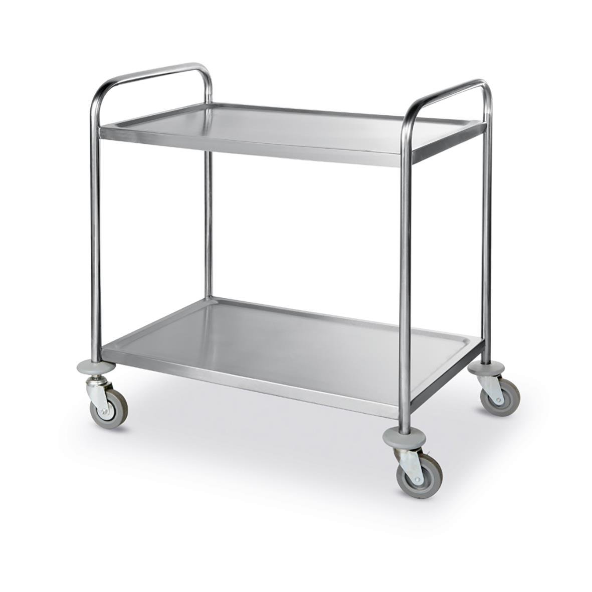 Serveringsvagn i rostfritt stål med två hyllor, låsbara hjul och måtten 905x585x945mm