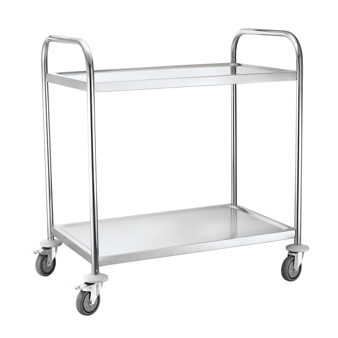Serveringsvagn i rostfritt stål med två hyllor, låsbara hjul och måtten 905x585x945mm