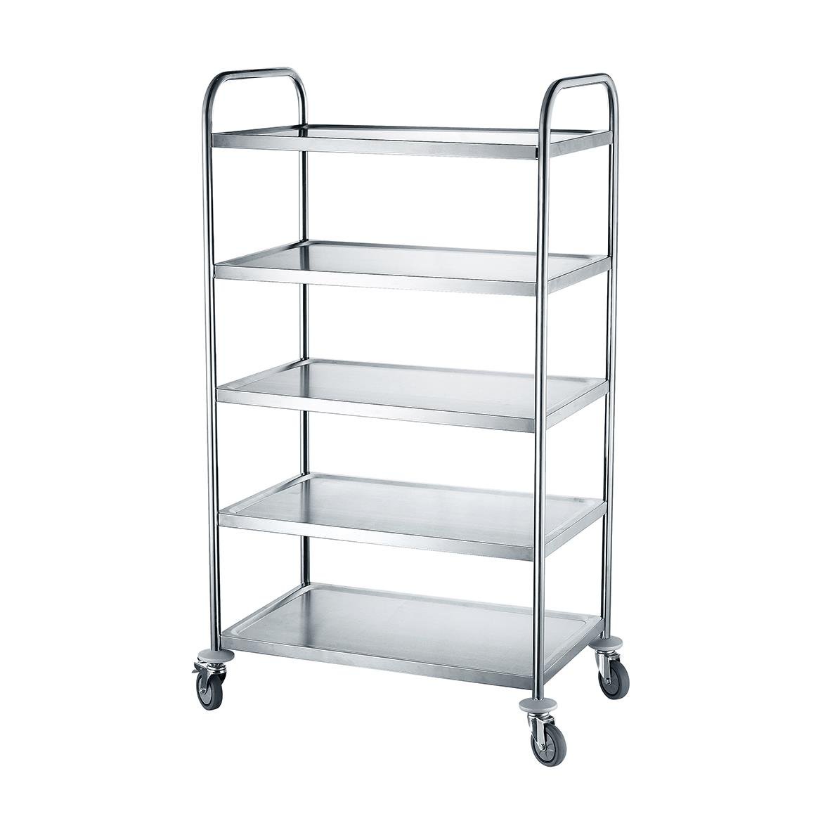 Serveringsvagn i rostfritt stål med 5 hyllor, låsbara hjul och måtten 905x585x1545mm