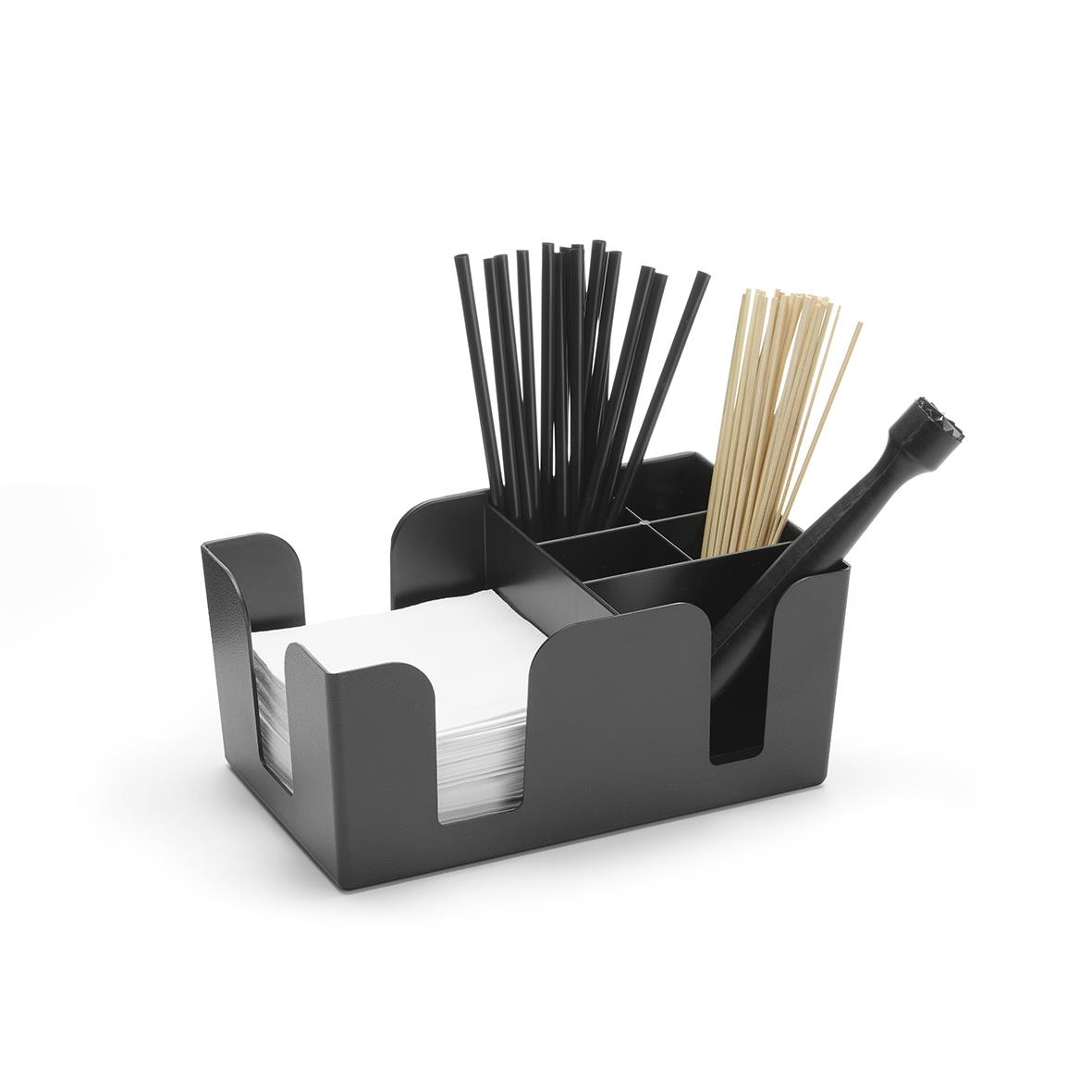 Svart och beige pappershållare med pinnar och tändstickor