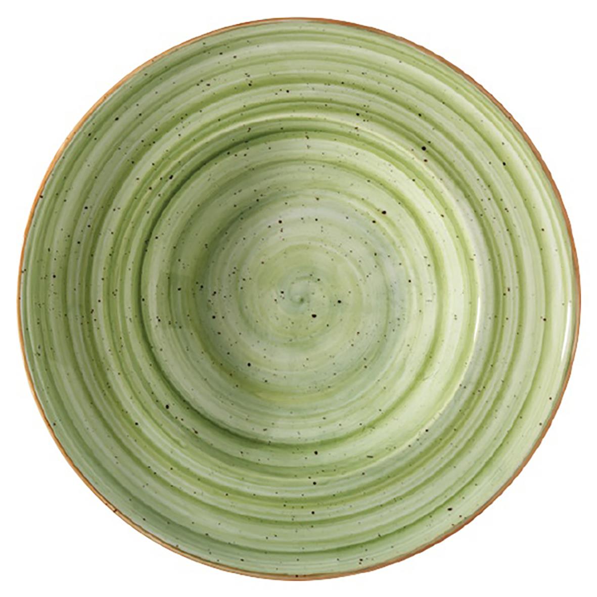 Grön rund tallrik med spiralmönster och brun kant, diameter 27 cm