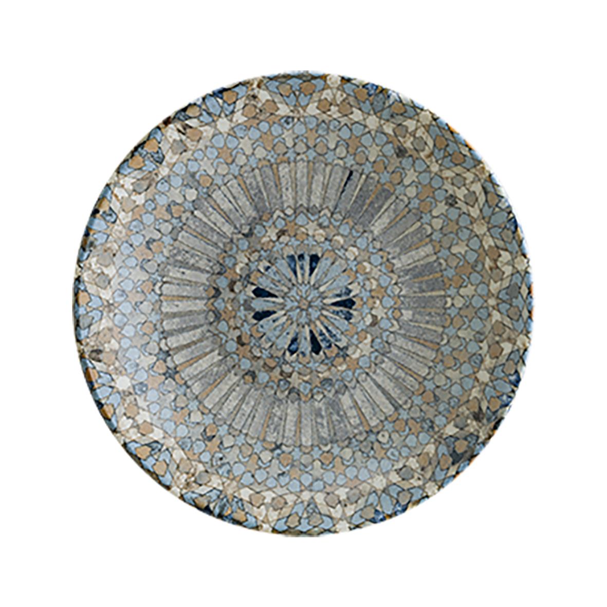 Djupt tallrik med mosaikmönster i blått, beige och guld, diameter 23 cm