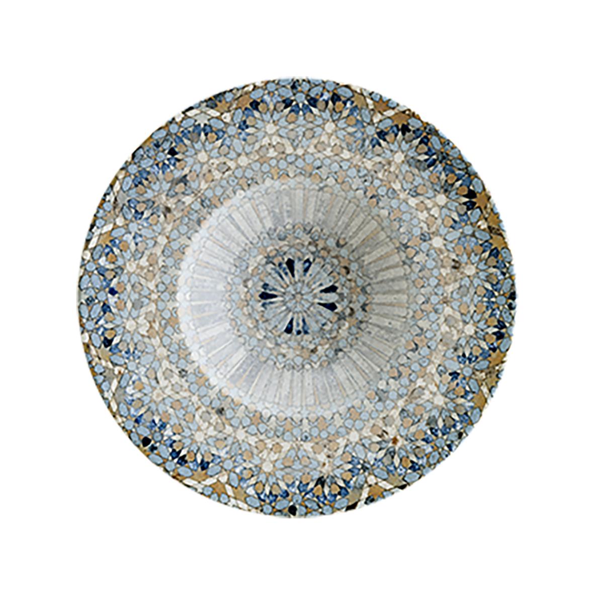 Djup tallrik med mosaikmönster i blå, vit och guldfärger, diameter 28 cm