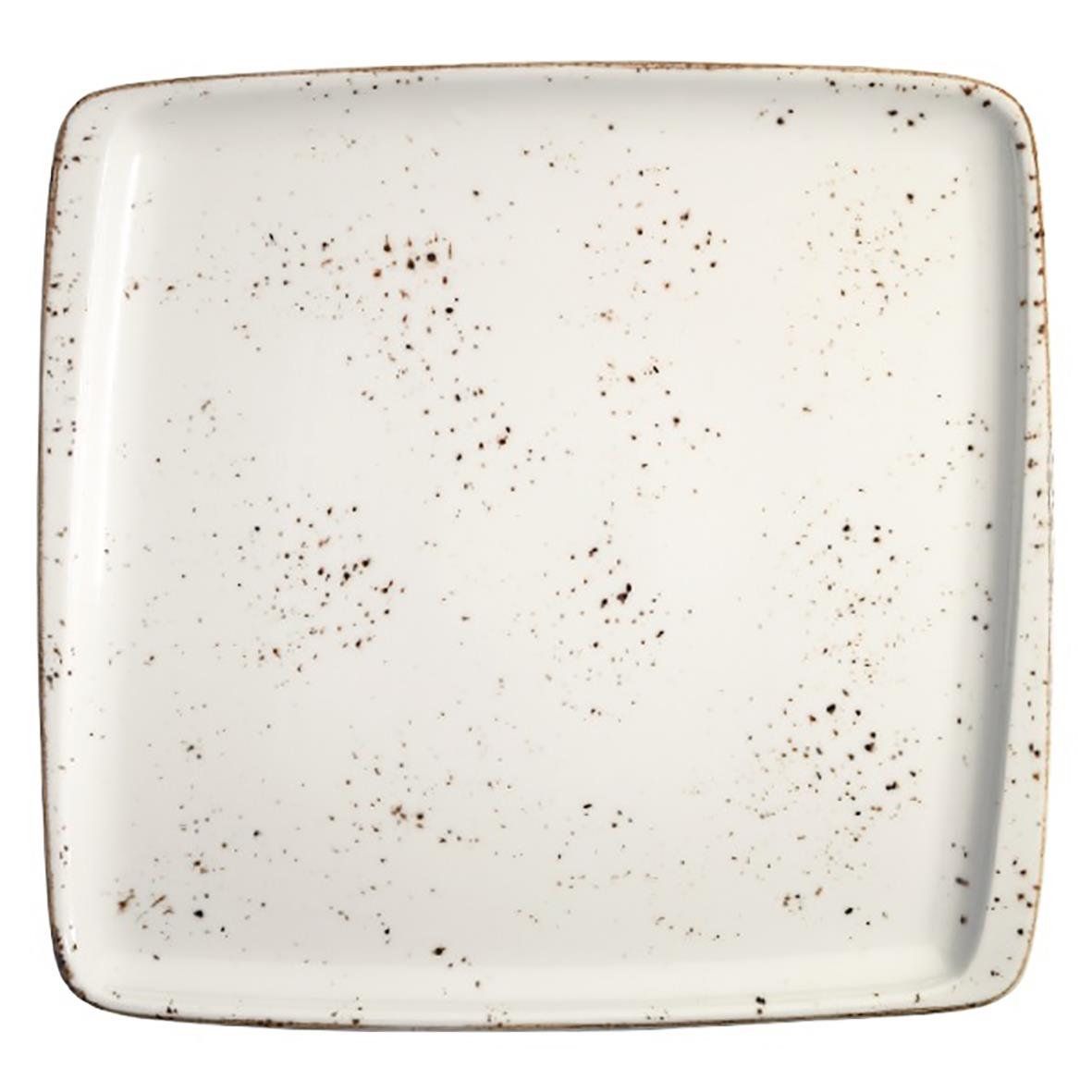 Vit fyrkantig tallrik med bruna fläckar, mått 22x20cm, från Bonna Grain