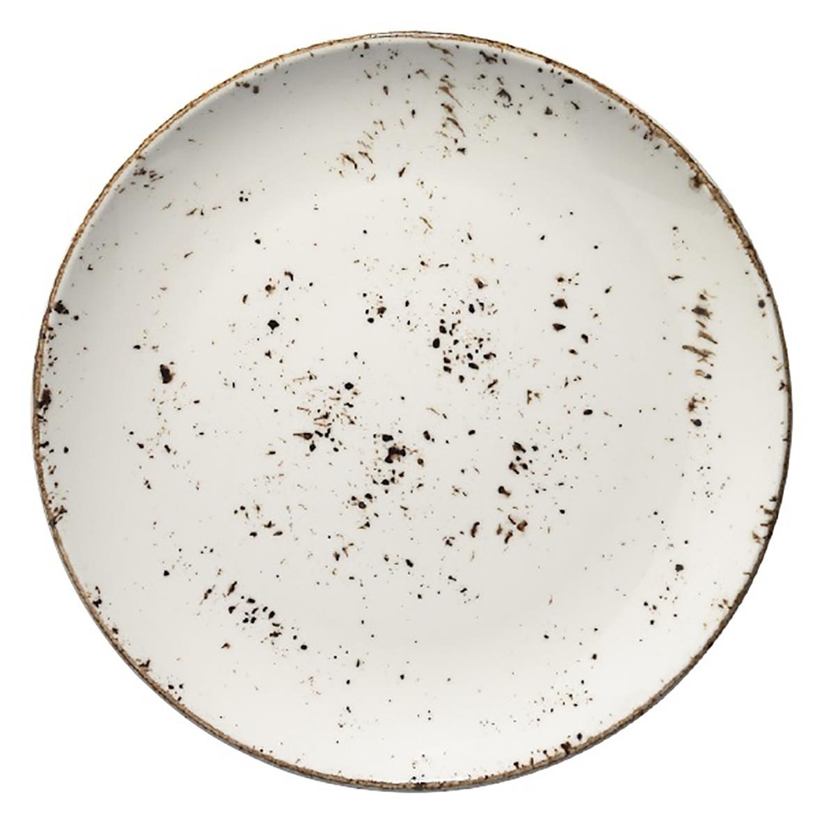 Vit tallrik med bruna fläckar och sliten kant, diameter 17 cm