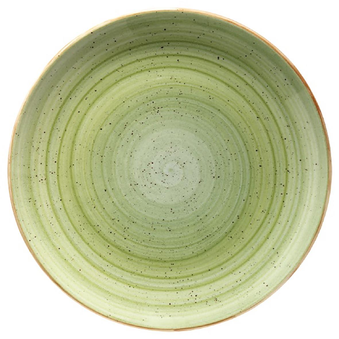 Grön tallrik med cirkulära mönster och liten brun kant, diameter 21 cm