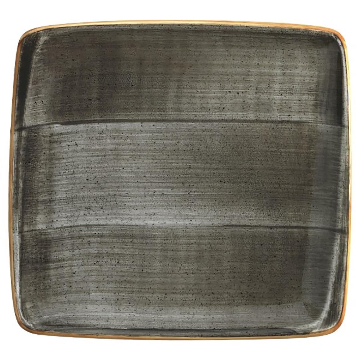 Svart fyrkantig tallrik med guldkant, 32x30cm