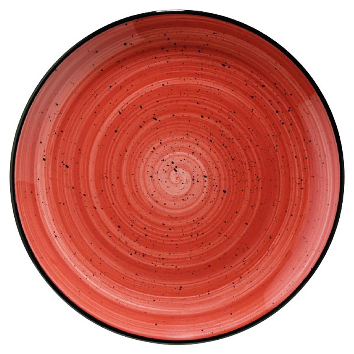 Röd tallrik Bonna Aura Flat Passion Ø25cm med spiral- och prickmönster