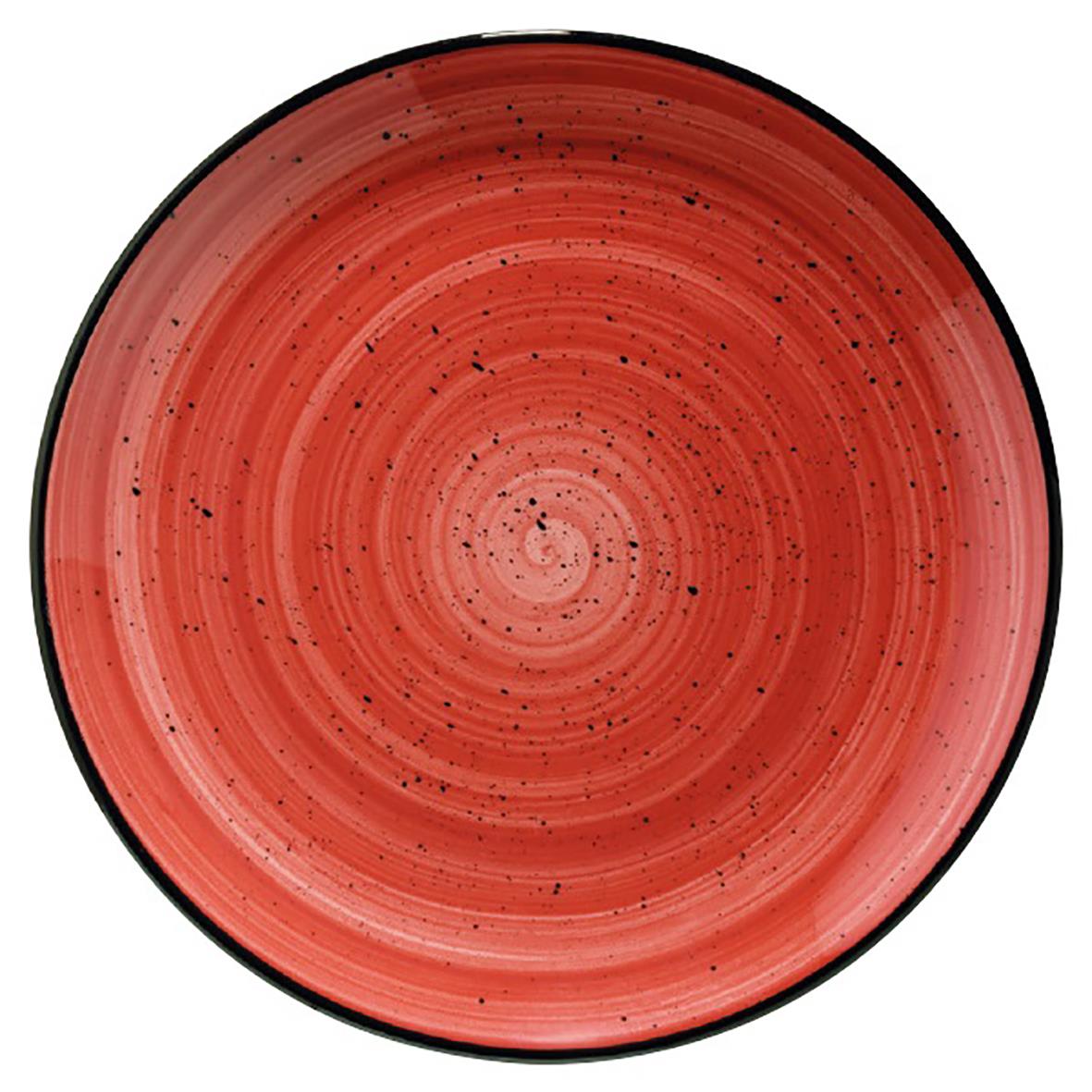 Röd tallrik Bonna Aura Flat Passion Ø19cm med spiralmönster och svarta prickar