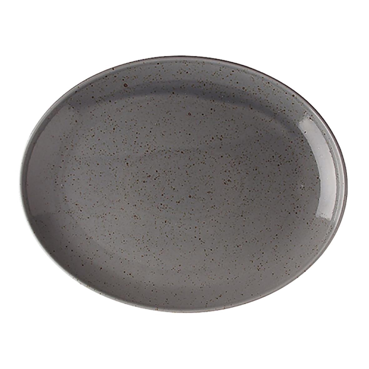 Oval tallrik i grått med svartprickig design, 32 cm