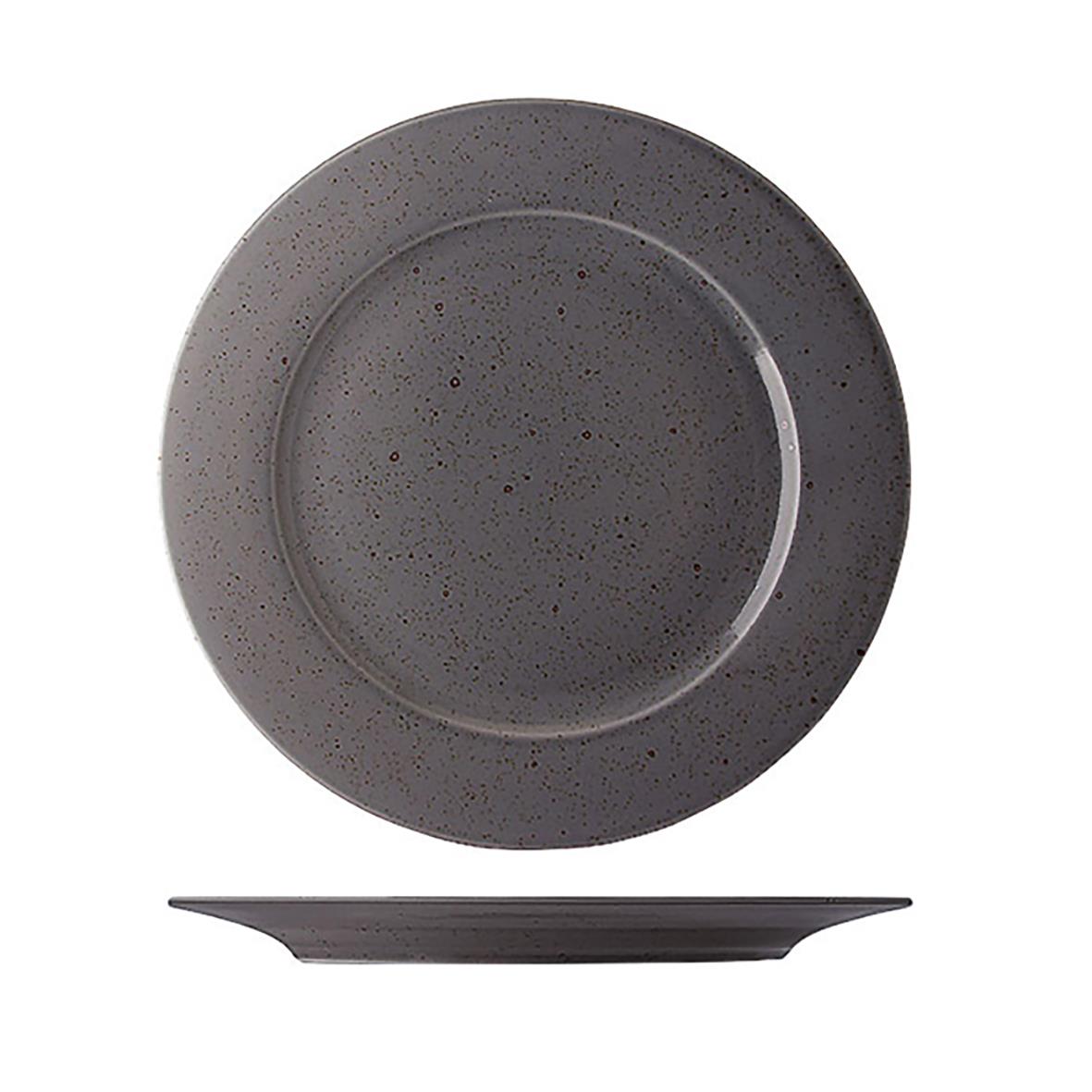 Svart tallrik med slät yta och små mörka prickar, Ø20cm