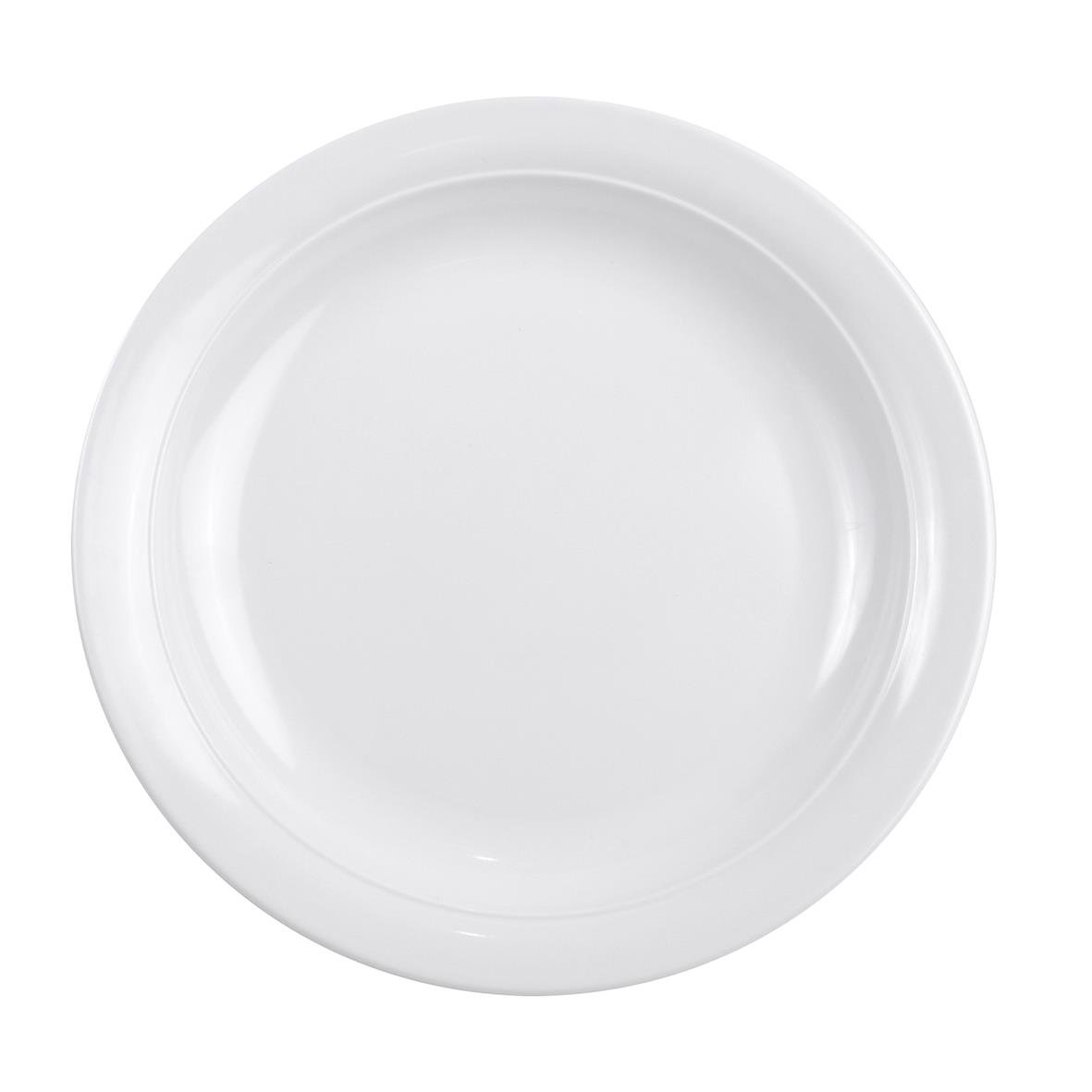 Vit melamin tallrik med diameter på 26 cm, platt och rund