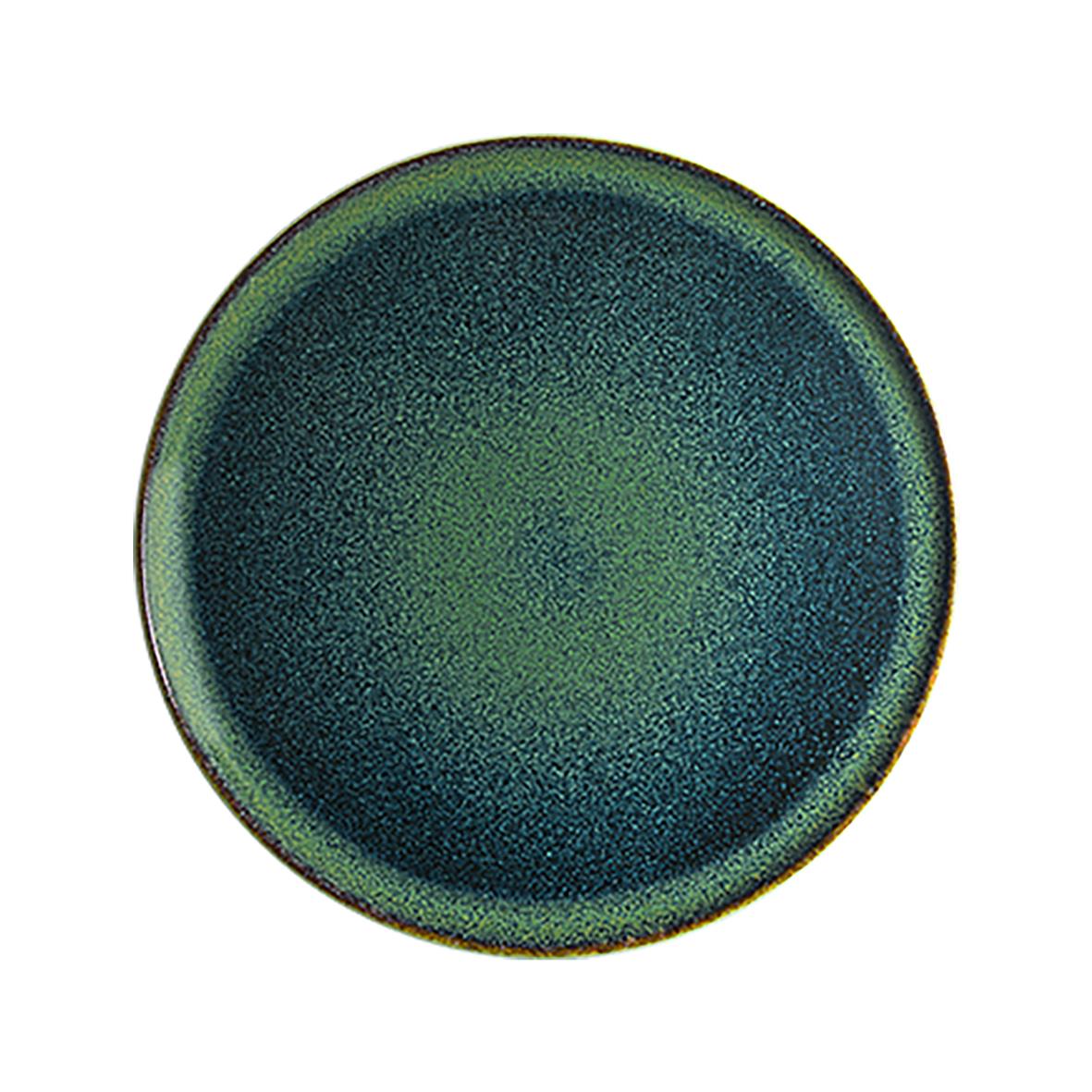 Rund tallrik med grönt och blått mönster, diameter 32 cm