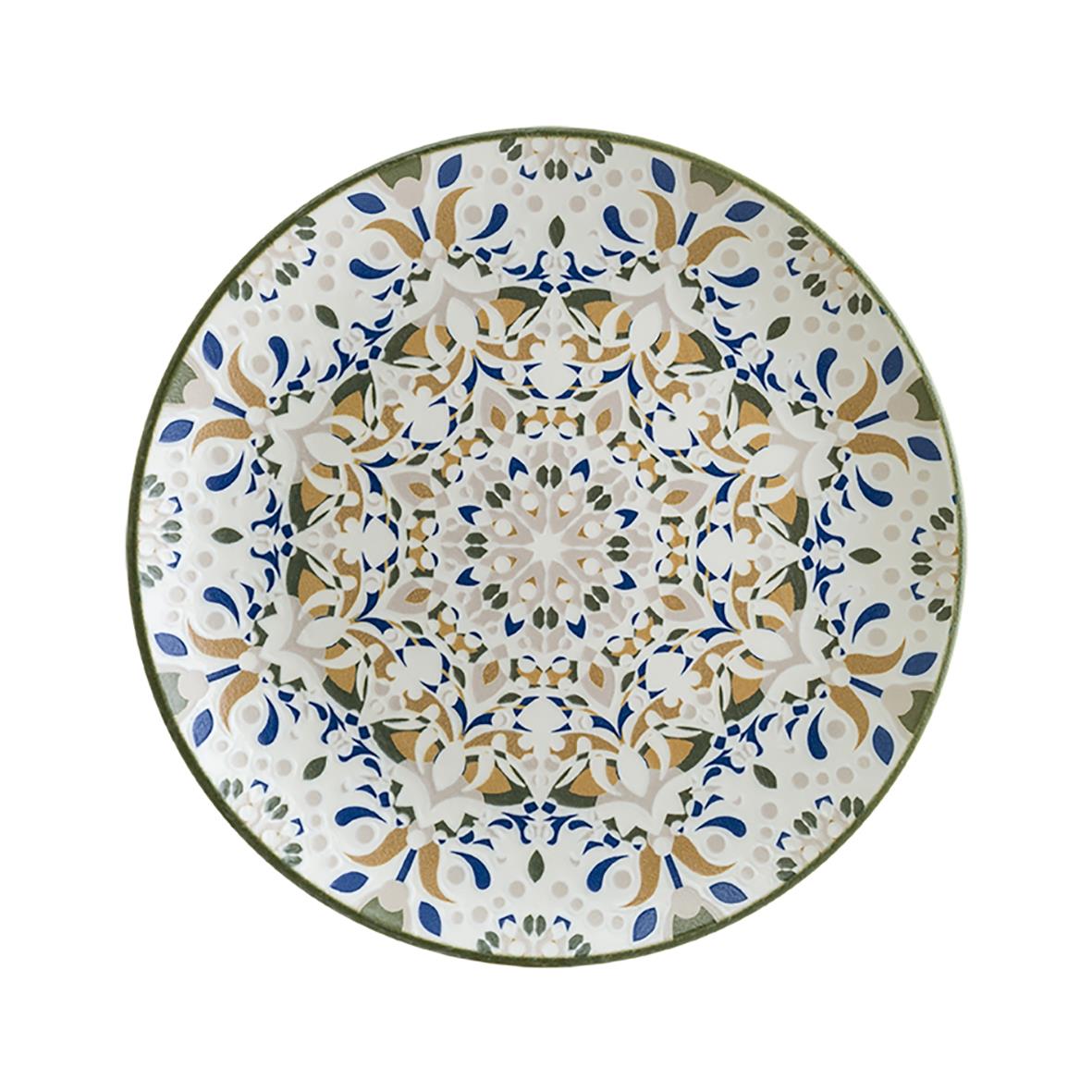 Rund tallrik med blå, beige och vit dekor i traditionell mexikansk Tenango-stil, diameter 25 cm