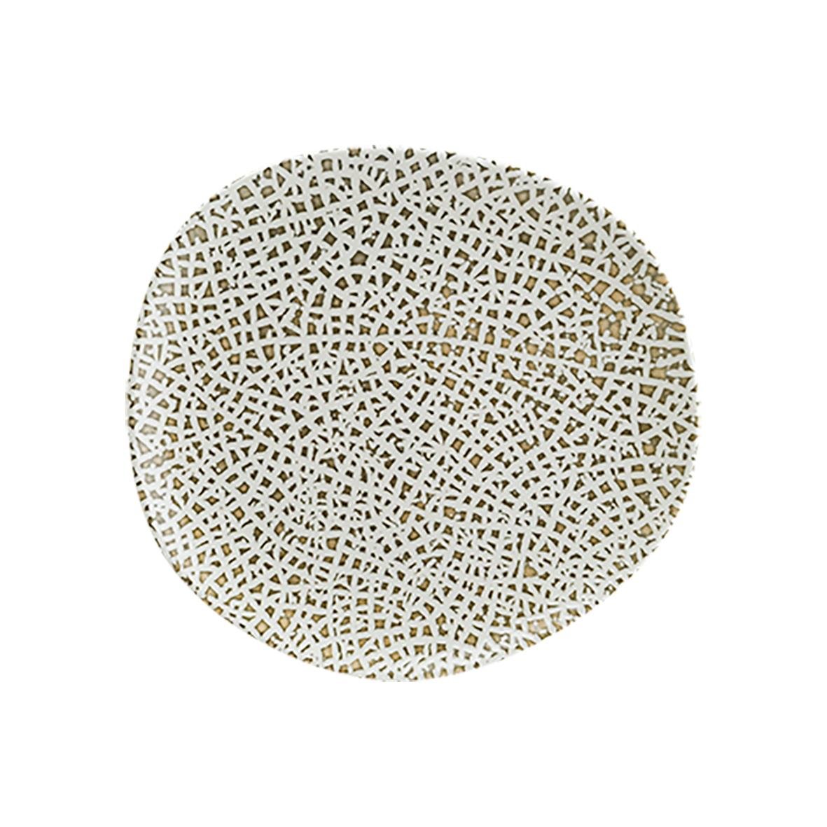 Rund tallrik i trä med ett mönster av små geometriska former, diameter 15 cm