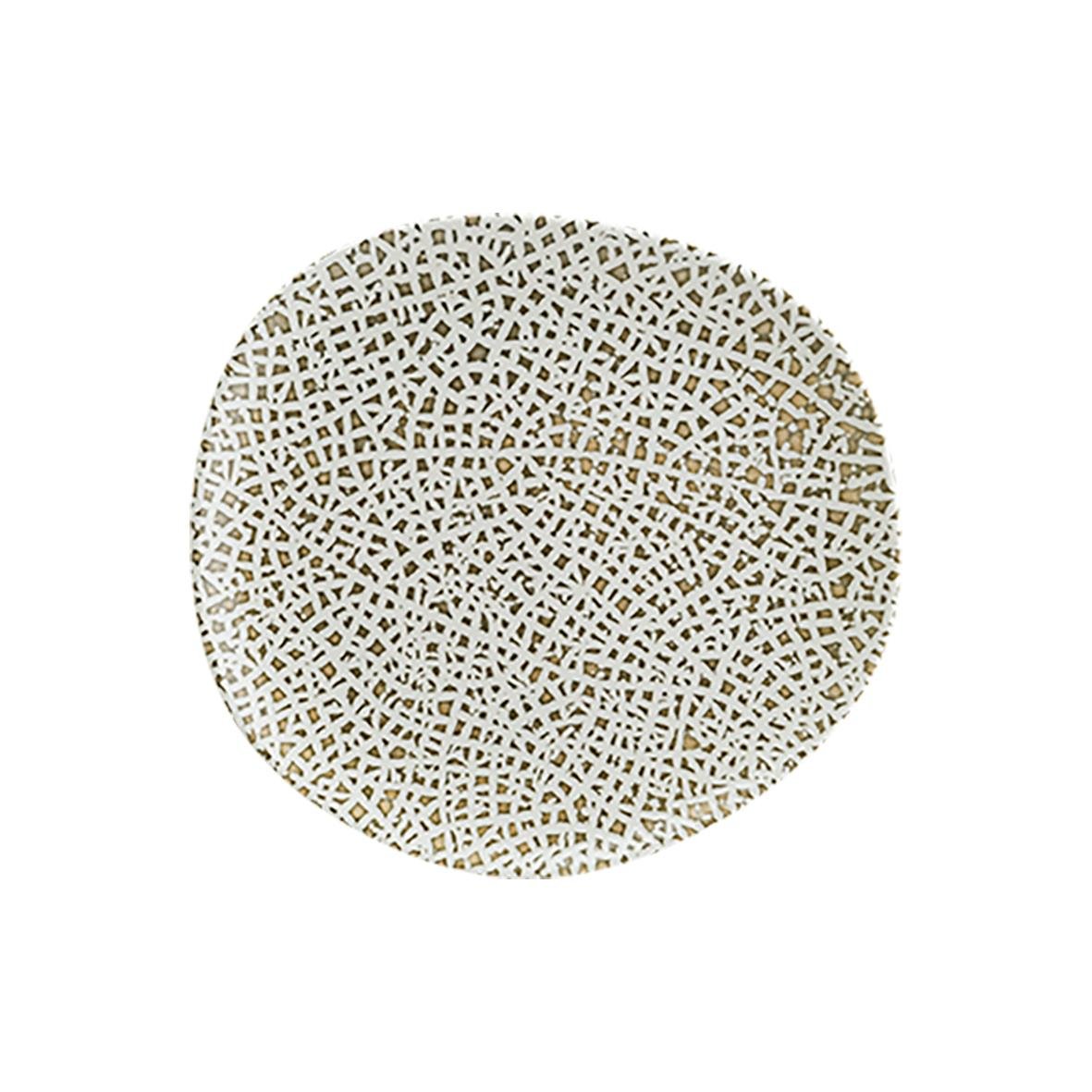 Rund tallrik med ett gallerliknande mönster i beige och vitt, diameter 29 cm