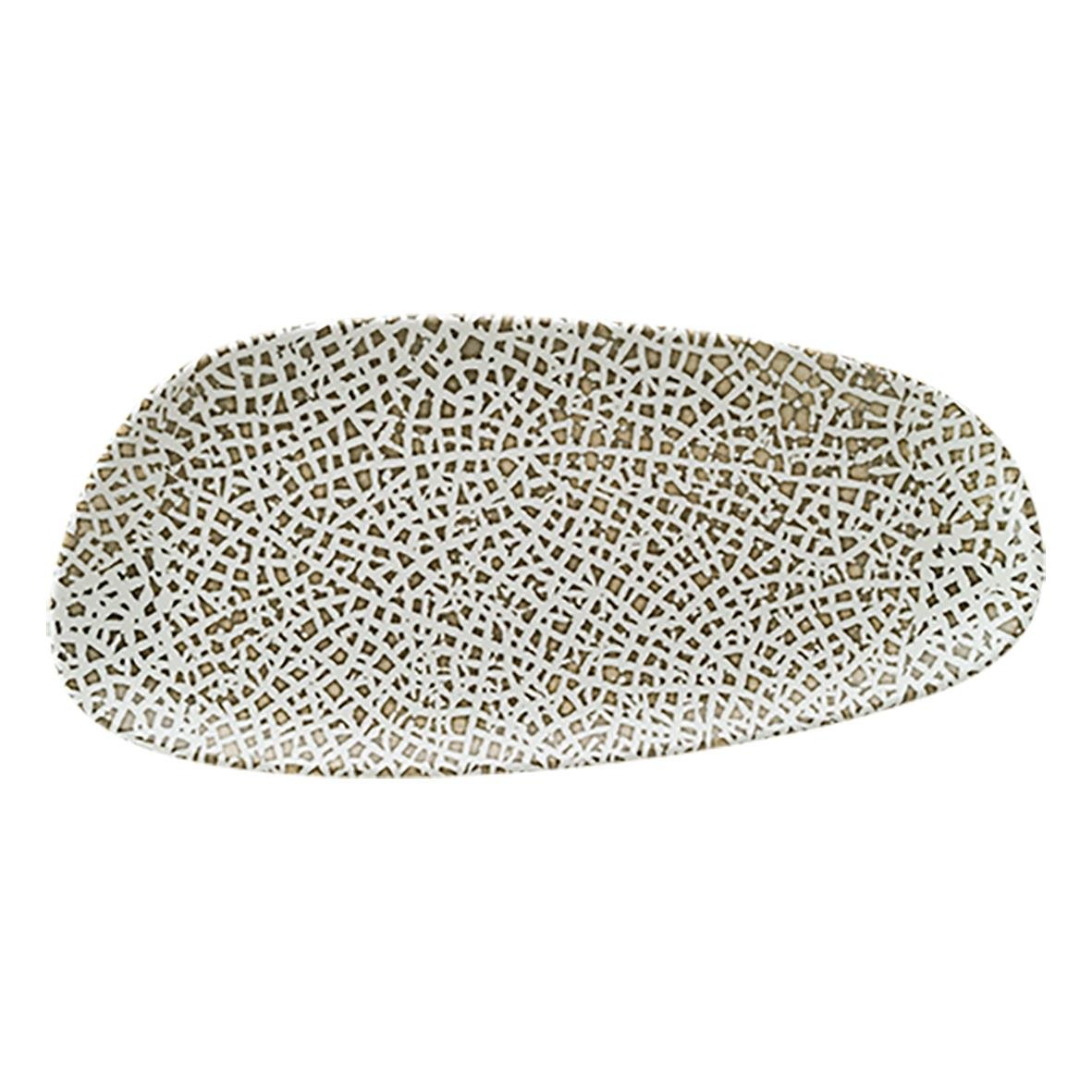 Ovalt fat av trä med ett nätliknande mönster i vitt och guld, diameter 36 cm