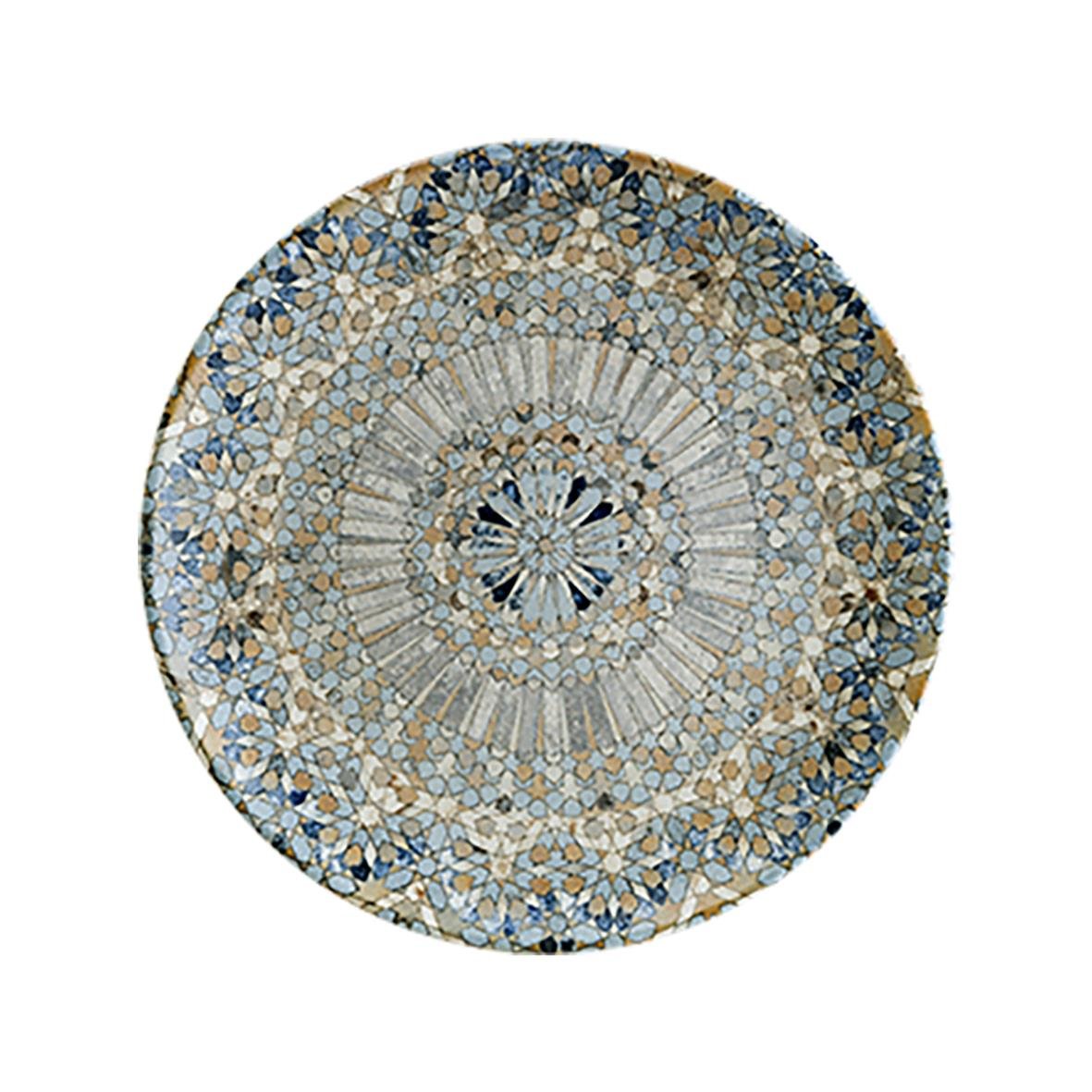 Rund tallrik med mosaikmönster i blå, beige och vit färg, diameter 17 cm