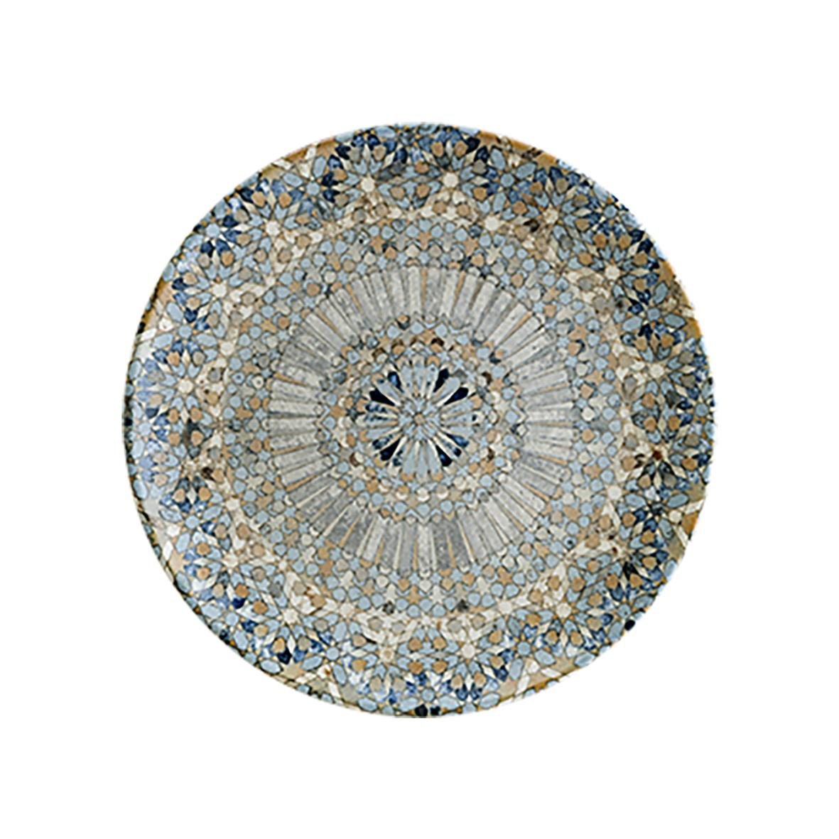 Tallrik Bonna Mosaik Flat Ø27cm med blå, beige och guldiga mosaikmönster