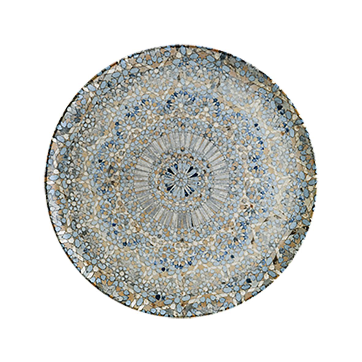 Rund tallrik med mosaikmönster i blå, beige och guldfärger, diameter 32 cm