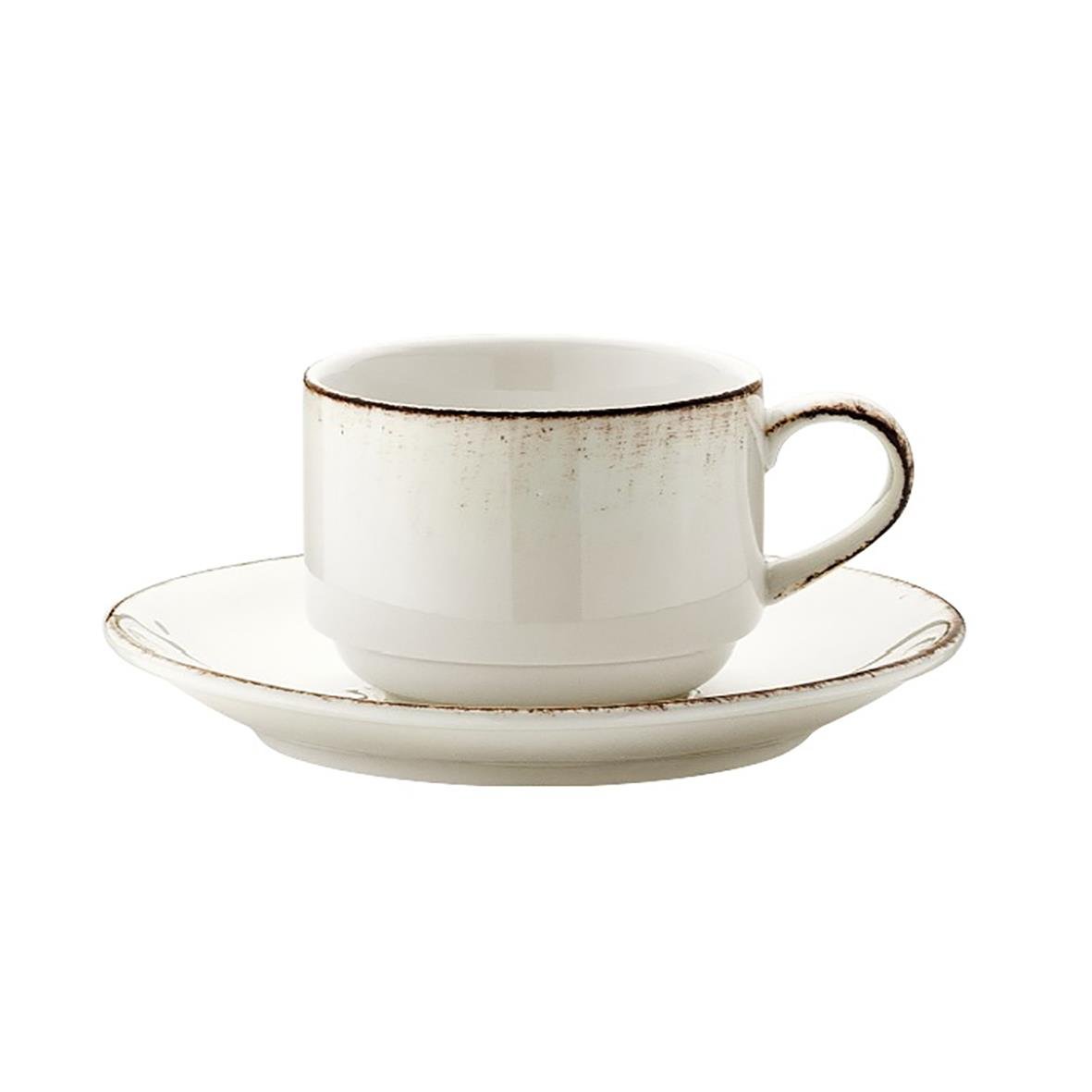 Kaffekopp Bonna Aura retrostil med fat, 21cl, vit med bruna kanter