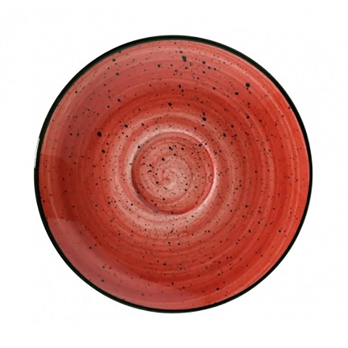 Röd espressofat med svart kant och spiralmönster, diameter 12 cm