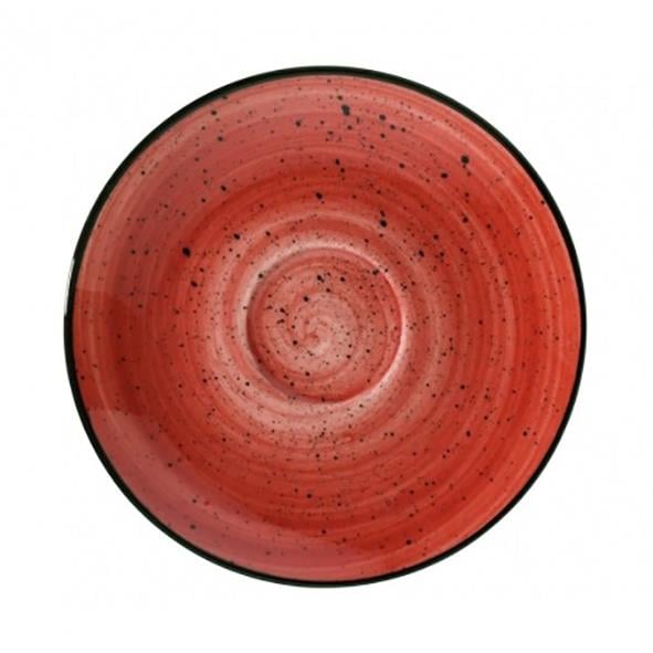 Röd espressofat med svart kant och spiralmönster, diameter 12 cm
