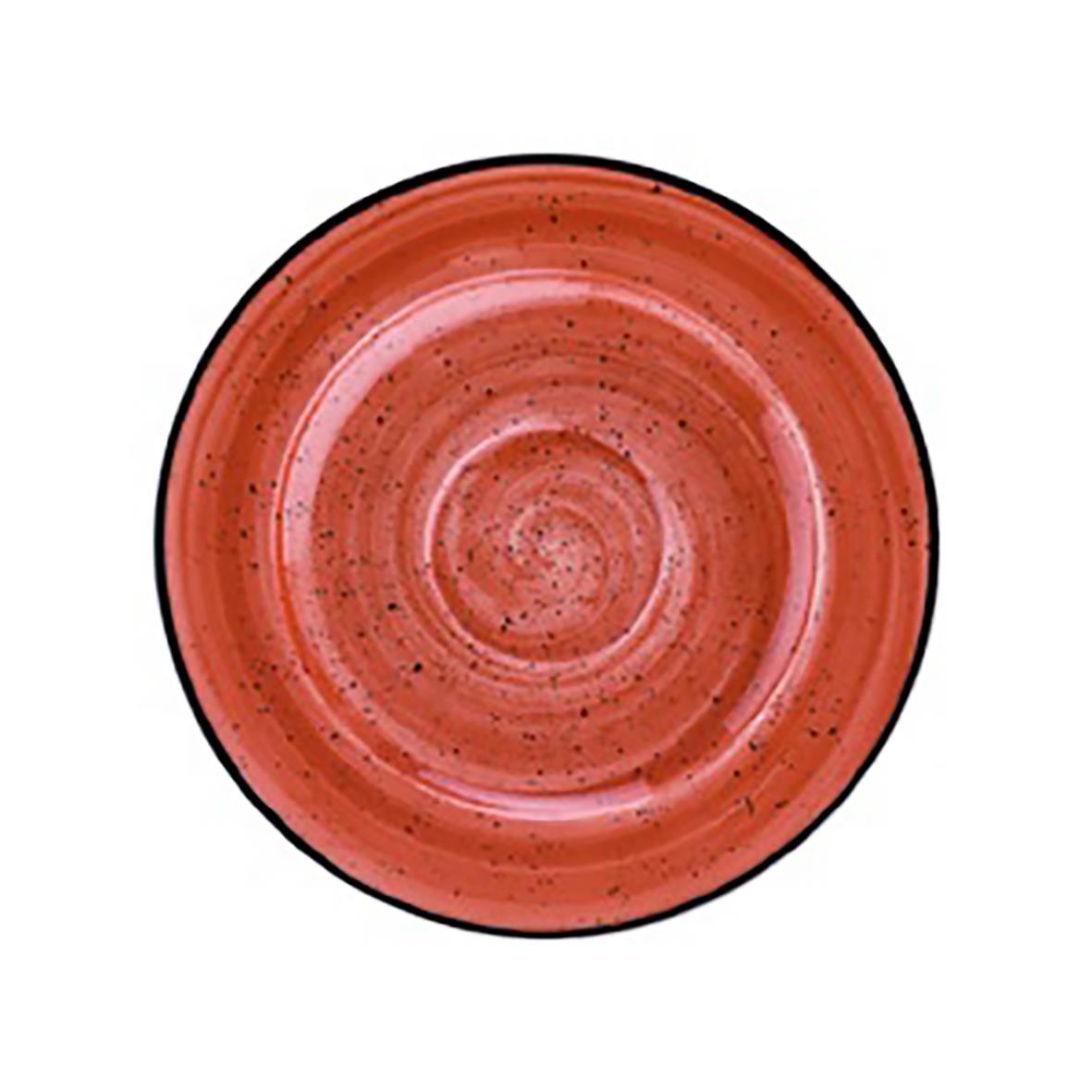 Röd keramisk tallrik med svarta och ljusa dekorativa ringar, diameter 16 cm