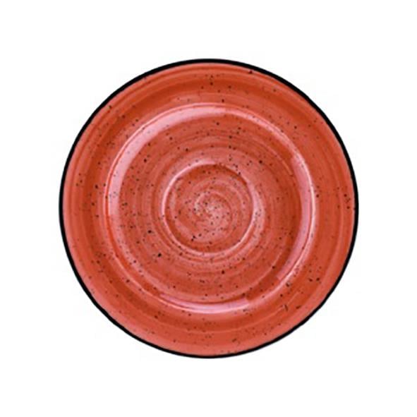 Röd keramisk tallrik med svarta och ljusa dekorativa ringar, diameter 16 cm