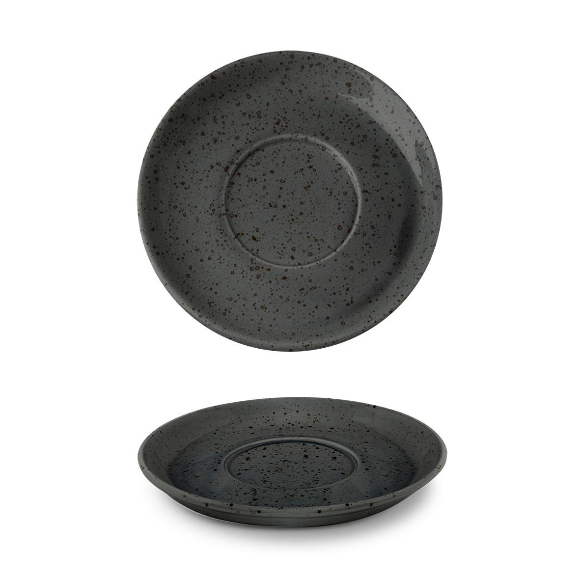 Svart kaffefat med gråa speckleffekt, diameter 15 cm, i Highland Lifestyle-serien