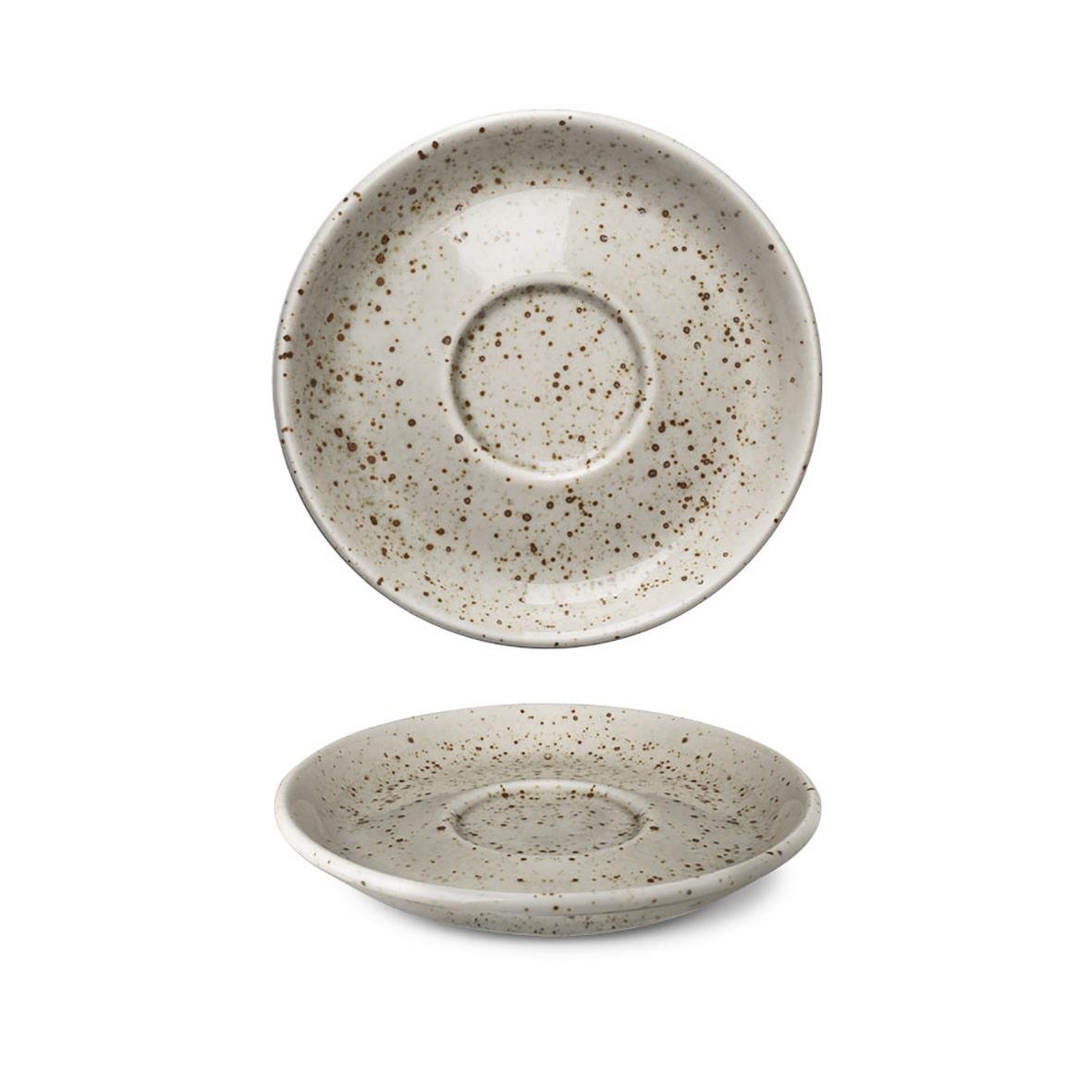 Espressotallrik i naturlig färg med bruna fläckar, diameter 13 cm, sett ovanifrån och från sidan