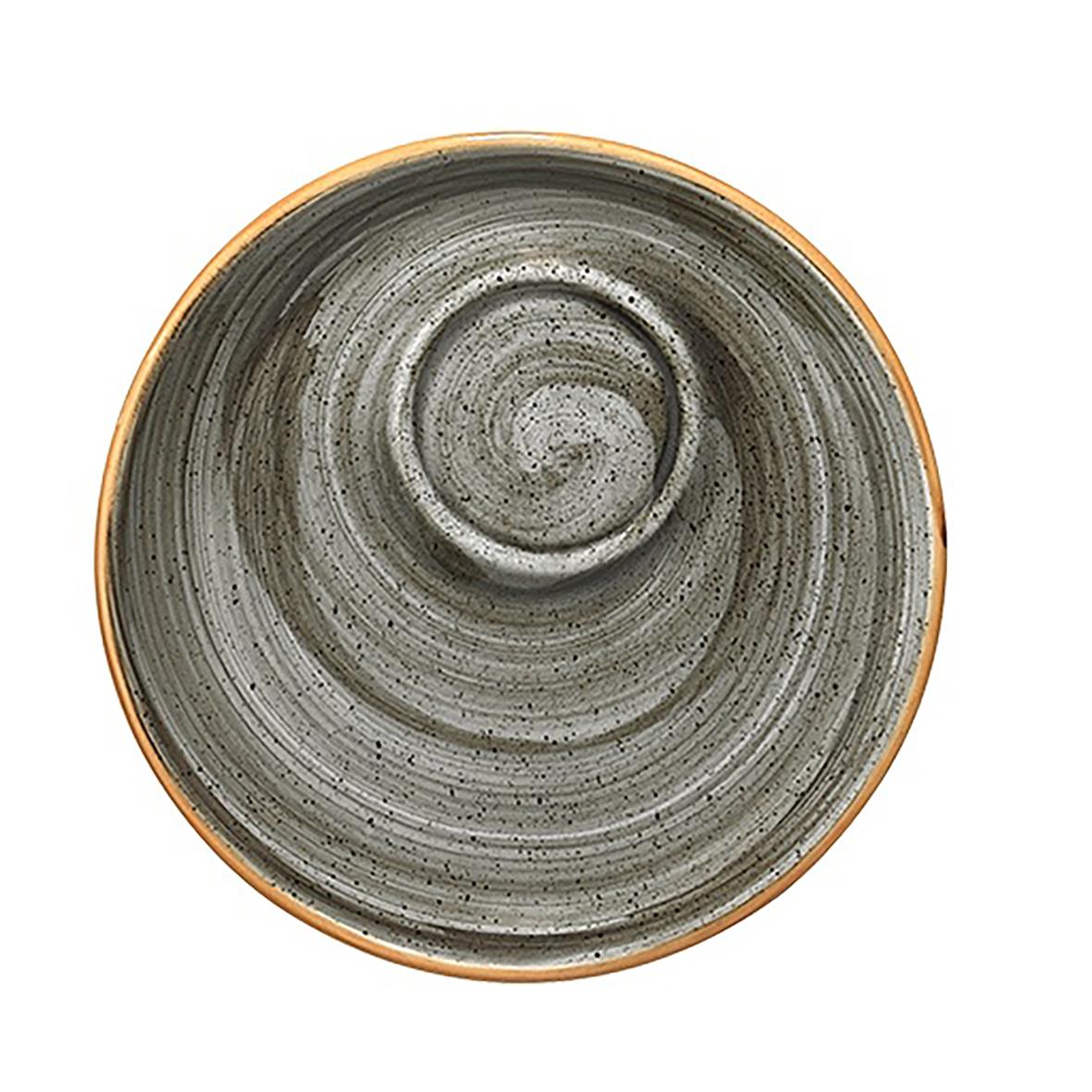 Espressofat Bonna Aura Space Ø12cm med grå och svarta spiralmönster och brun kant