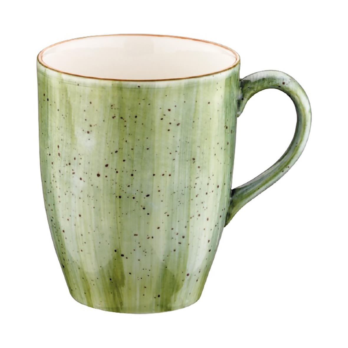 Grön mugg med brun kant och små svarta prickar, märkt Bonna Aura Therapy 33cl