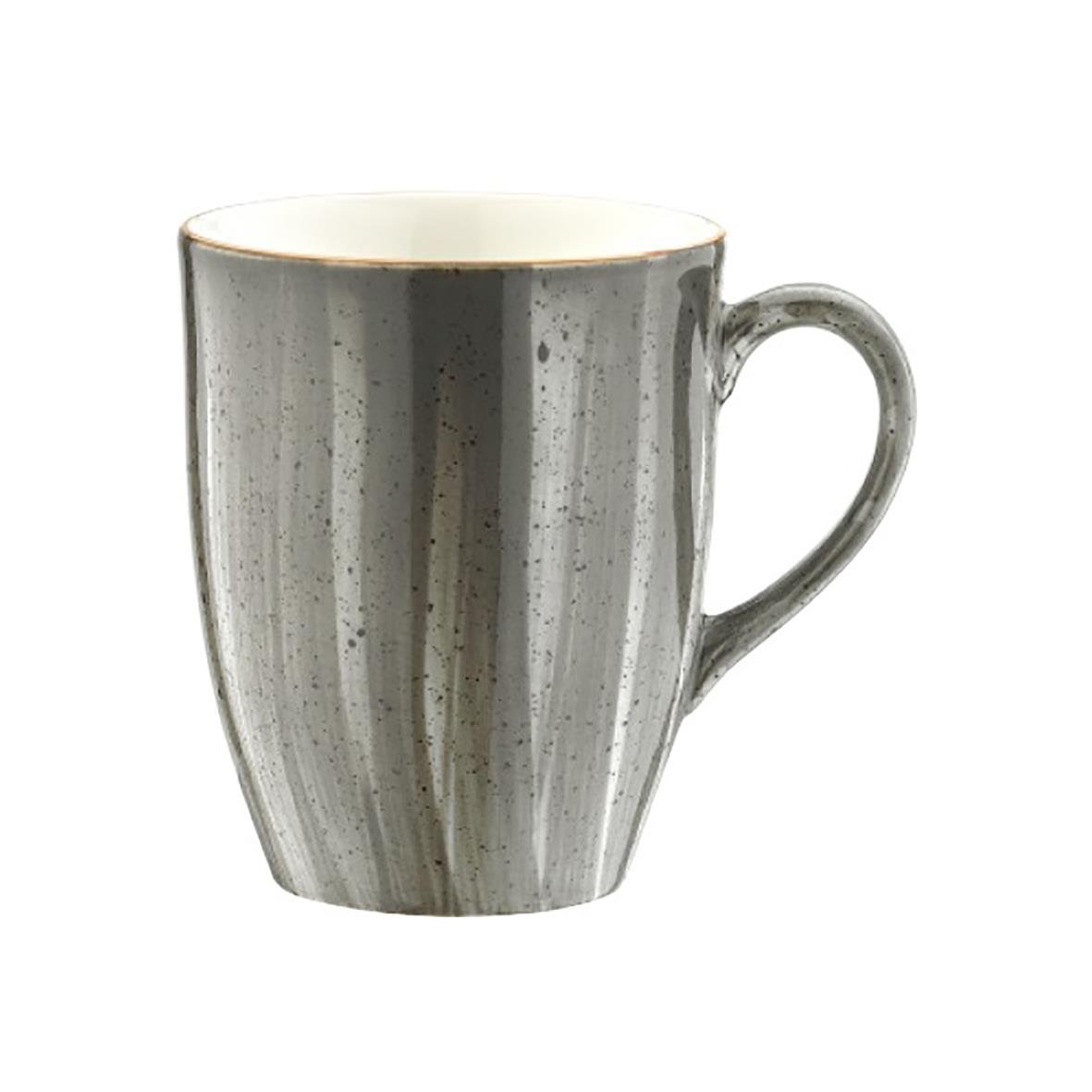 Grå och vit mugg med randig design och handtag, kapacitet 33 cl