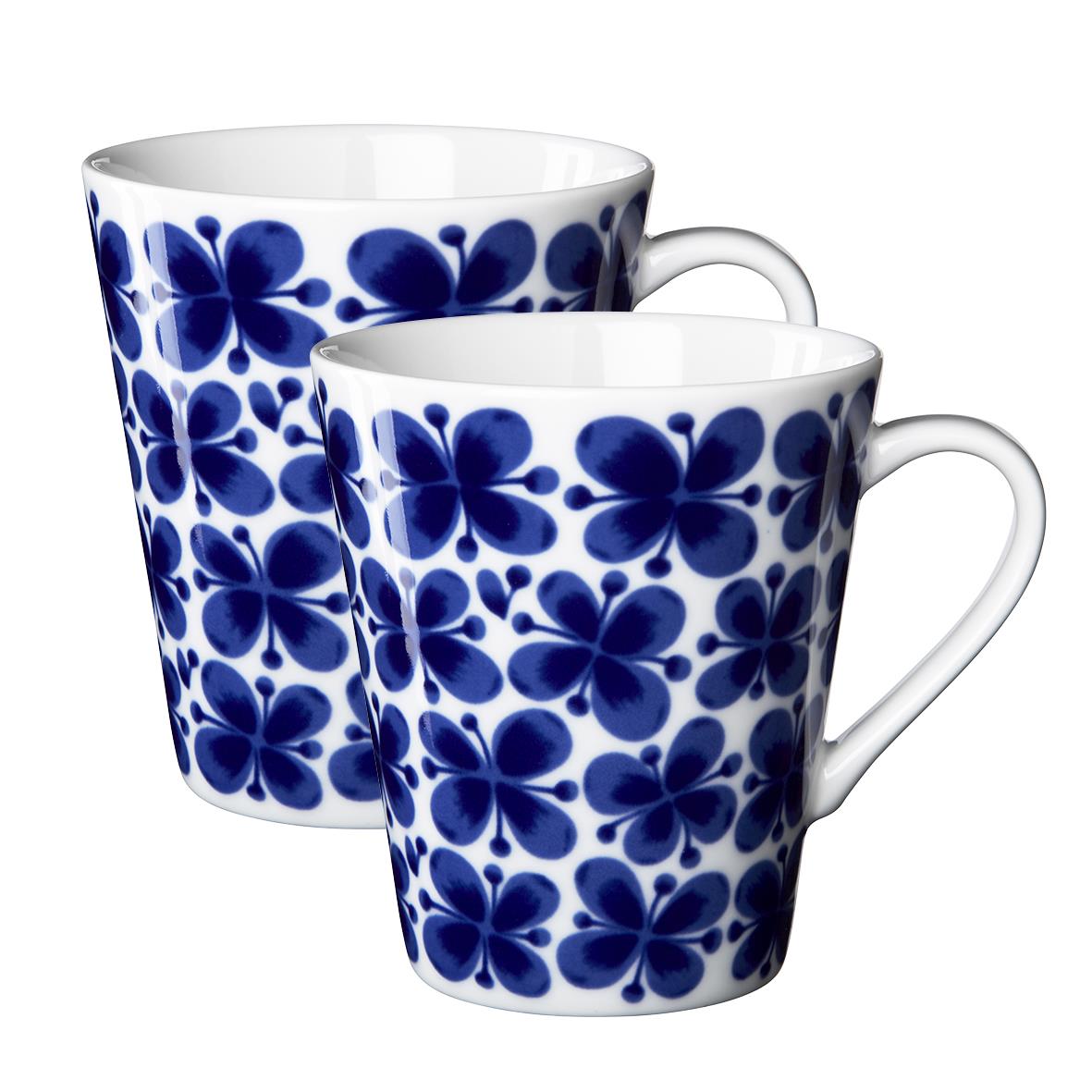 Två vita muggar med blå blomsterdesign från Rörstrand Mon Amie, 34 cl