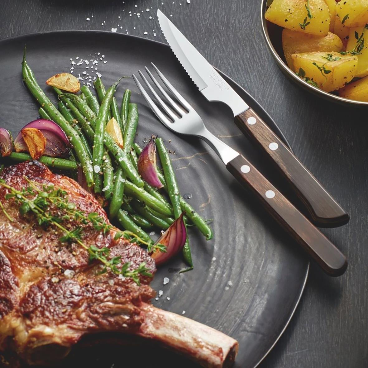 Grillkniv Tramontina Brun 220mm bredvid en tallrik med grönsaker och kött, på en mörk bakgrund