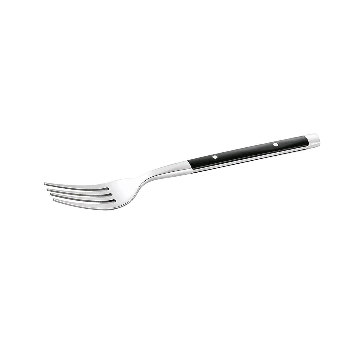 En svart och vit gaffel med tre tänder och svart handtag