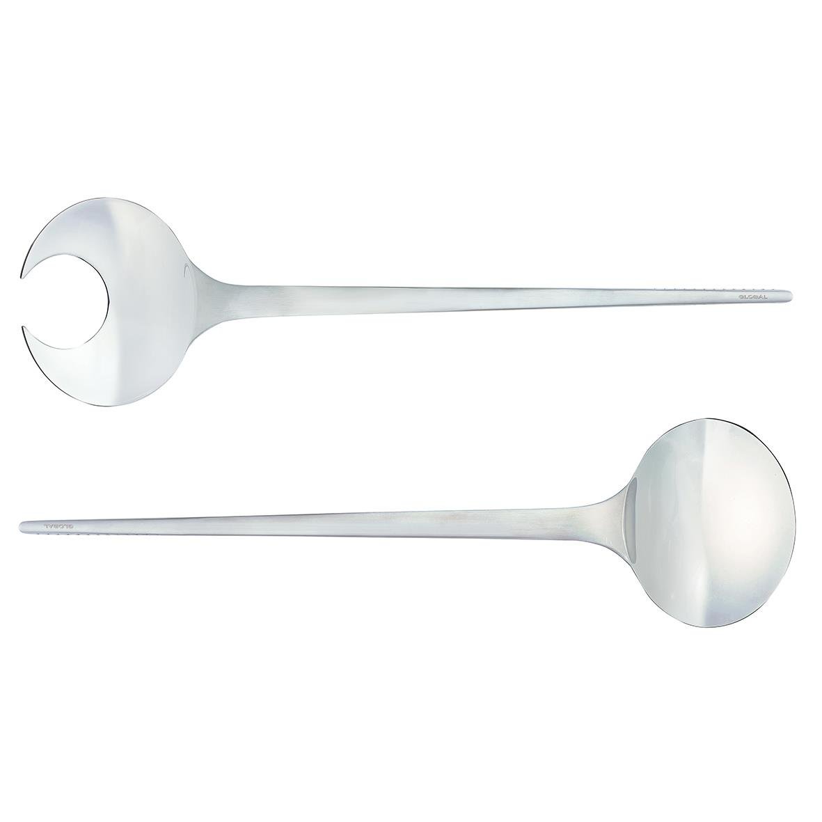 Två salladsbestick med lång skaft och rundad sked eller gaffelände