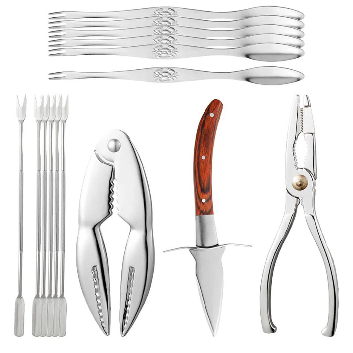 Skaldjursset med krabbgafflar, kräftgafflar, kniv, knäckare och tång