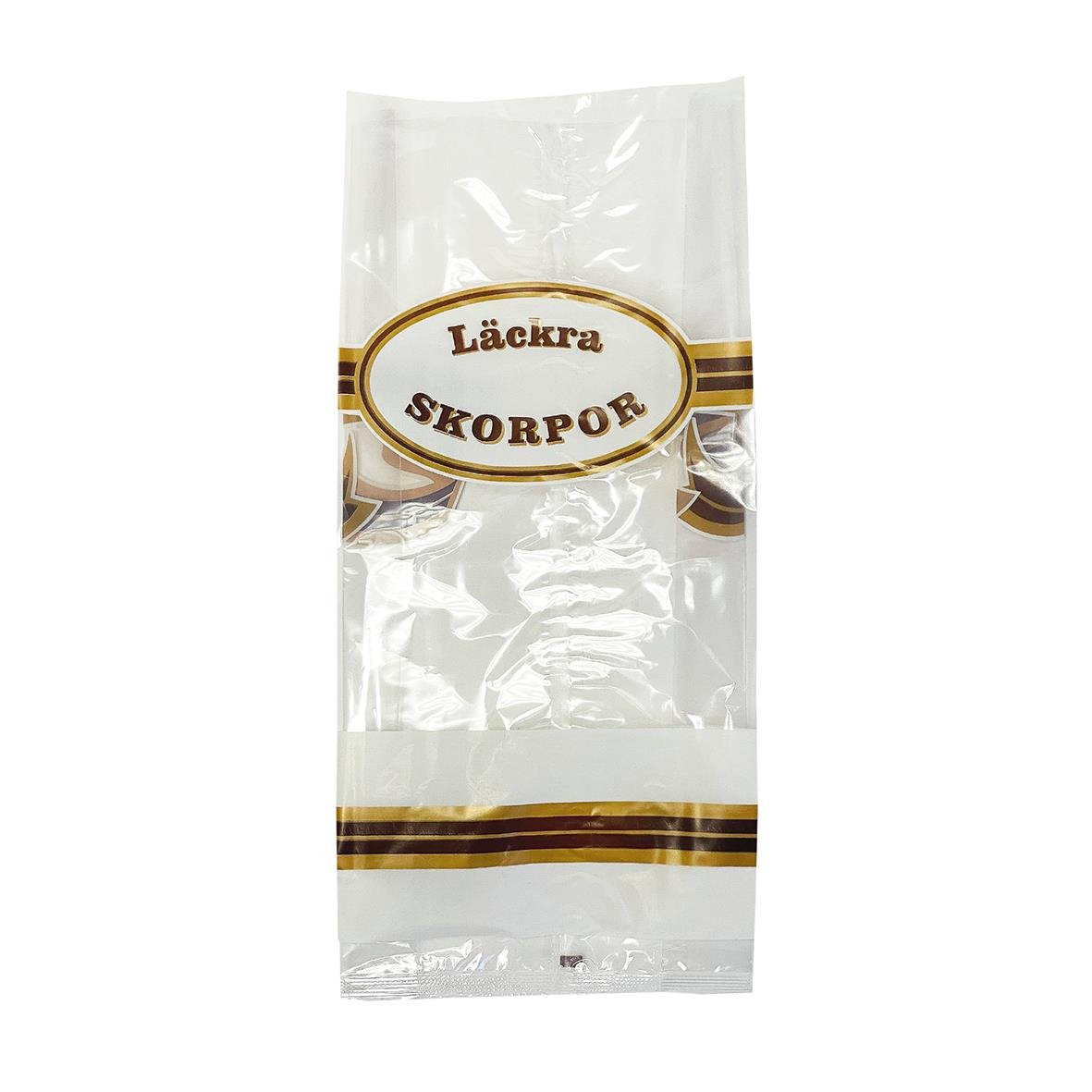 Cellofanpåse med etikett för skorpor, 180x75x380mm, transparent plast