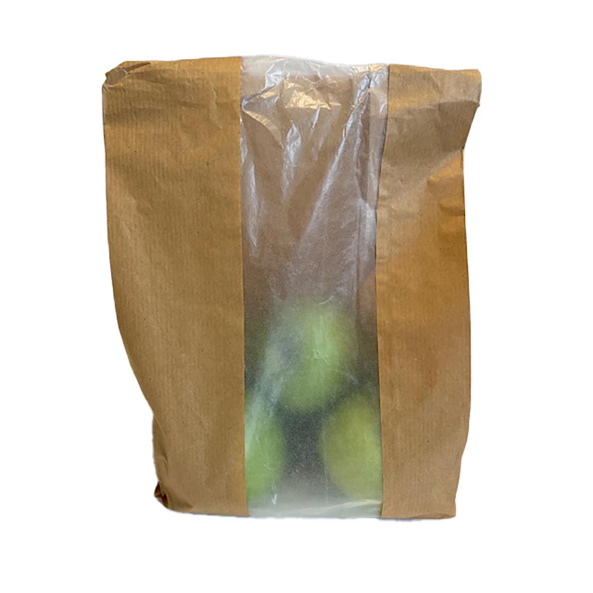 Brun papperspåse med fönster och gröna äpplen inuti, storlek 200x120x390 mm