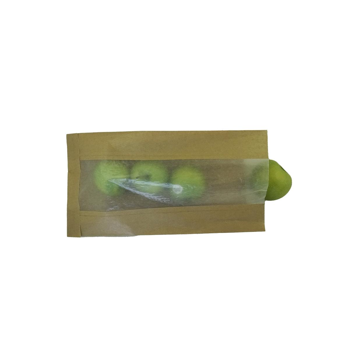 Brun papperspåse med genomskinligt fönster och gröna äpplen inuti, storlek 160/100x320 mm
